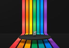 Realistic black cylinder pedestal podium with perspective stripes in rainbow color. Lgbtq concept. Abstract minimal scene for mockup products, stage showcase, promotion display. Vector geometric forms