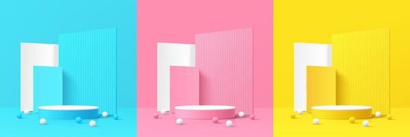 Set of pink, yellow, blue and white realistic 3d cylinder pedestal podium in pastel abstract room with geometric forms background. Minimal wall scene for mockup products display, Stage for showcase. vector