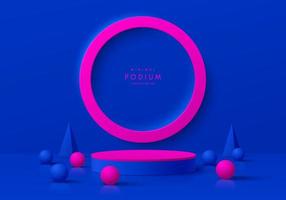 Realistic pink, blue 3D cylinder pedestal podium with geometric forms and vivid pink circle scene background. Abstract minimal wall scene for mockup products display, Stage for showcase. Vector EPS10.