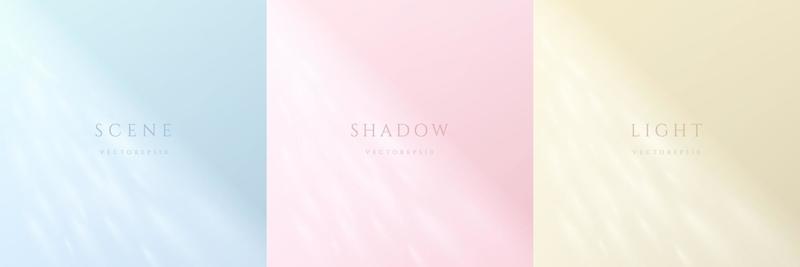 Set of blue, pink, yellow beige background with window light and leaf shadow overlay. Abstract minimal scene for products display or space for your text. Top view design. Light and shadow on the wall.