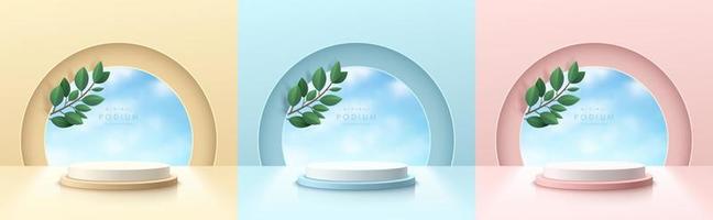 Set of pink, yellow, blue room with realistic 3d cylinder podium and blue sky, green leaf in window scene. Abstract minimal scene for mockup products display, Stage showcase. Vector geometric forms.