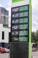 dispensador de combustible en una gasolinera en ucrania con una tabla de precios que muestra el precio de 0,00. falta de combustible y gasolina. un cartel con los precios de la gasolina en la gasolinera de una compañía petrolera. foto