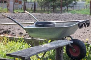 Gray metal garden wheelbarrow with two handles and one wheel. The wheelbarrow is in the garden or garden. Gardener's wheelbarrow in the backyard. Garden cleaning. photo