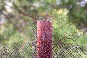 Mesh old ragged cage in the garden and a rusty pole with green grass as a background. Metal fence with wire mesh. Metal fence made of steel iron mesh. Abstract background. copy space. photo