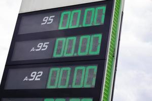 primer plano de un cartel en una gasolinera que indica los precios de la gasolina y el gas en ucrania en 2022. el concepto de falta y escasez de combustible. Industria del aceite. Falta de precios de gasolineras. foto