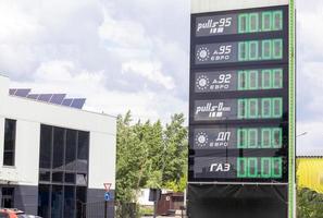 dispensador de combustible en una gasolinera en ucrania con una tabla de precios que muestra el precio de 0,00. falta de combustible y gasolina. un cartel con los precios de la gasolina en una gasolinera de una compañía petrolera. ucrania, Kyiv - 23 de mayo de 2022. foto