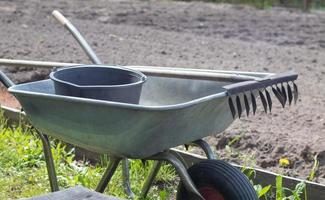 Gray metal garden wheelbarrow with two handles and one wheel. The wheelbarrow is in the garden or garden. Gardener's wheelbarrow in the backyard. Garden cleaning. photo