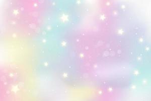 fondo de unicornio arcoiris. ilustración holográfica en colores pastel. lindo fondo de pantalla femenino de dibujos animados. cielo multicolor brillante con estrellas. ilustración vectorial