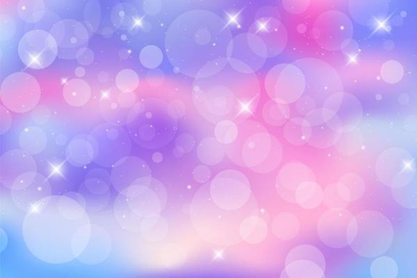 Rainbow fantasy background. Bright multicolored sky with stars and bokeh. Holographic illustration in pastel violet and pink colors. Cute cartoon girly wallpaper. Vector.