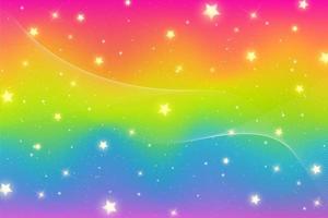 Rainbow fantasy background. Bright multicolored sky with stars sparkles and bokeh. Holographic wavy illustration. Vector