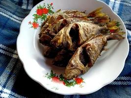 ikan goreng o pescado frito en un plato. comida culinaria tradicional indonesia foto