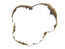 Hole paper with burned edges on white background photo