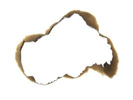 Hole paper with burned edges on white background photo