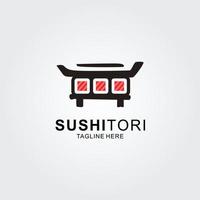 concepto de logotipo de bar japonés con puerta torii y rollo de sushi vector