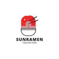 concepto de logotipo de fideos japoneses ramen con palillos y tazón en fondo de color rojo vector