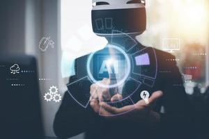 Businessman touch arrow with Artificial Intelligence on big data network machine learning and data on the dark background, artificial intelligence technology, innovation and futuristic. photo