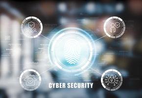 Internet network security and secure Internet access concept with blurred city abstract lights background, identification information security, and encryption, secure access to personal information. photo