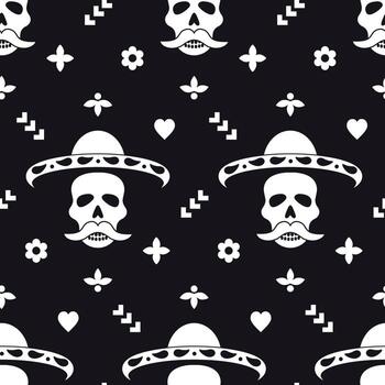 Seamless pattern with skull in sombrero and decorative elements. vector