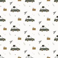 Hand drawn seamless pattern with car, gift boxes and fir branches. vector