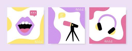 Set of square banners for podcasts. Studio microphone, headphones, and woman lips. vector