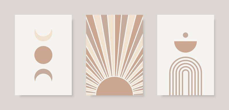 Trendy set of Moon Phases, Arch and abstract Sun prints in pastel colors.