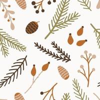 Seamless pattern with Christmas tree branches, pine cone, twigs and berries. vector