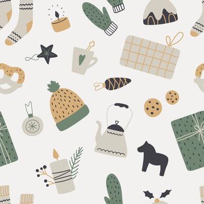Cozy Christmas seamless pattern in scandinavian style. Winter season texture.
