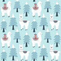 Christmas tree and cute lama with gift boxes seamless pattern on light blue background.