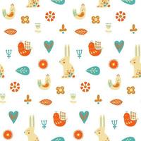 Folk art seamless pattern with rabbit, bird and decorative elements. vector