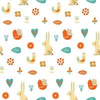 Folk art seamless pattern with rabbit, bird and decorative elements. vector