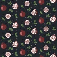 Vector seamless pattern with cartoon pomegranates, seeds and leaves.