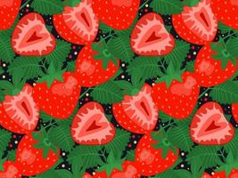 Seamless pattern with strawberries and leaves on dark background. vector