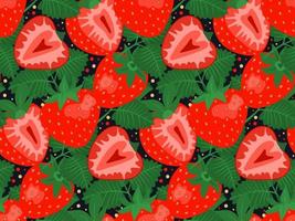 Seamless pattern with strawberries and leaves on dark background. vector