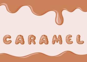 Vector banner with caramel texture and donuts font text. Doodle Donut letter.