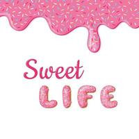 Vector banner with Donut pink glaze and text. Donuts hand drawn letters.