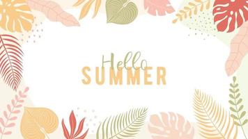 Trendy summer banner in simple flat style with copy space for text. Background with colorful plants and leaves. vector