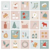 calendario de adviento de dibujos animados vectoriales. regalos de navidad y decoraciones vector
