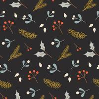 Winter seamless pattern with berries, leaves, and fir branches. vector