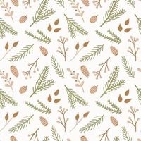 Seamless pattern with Christmas tree branches, pine cone, twigs and berries. vector