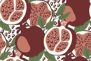 Vector seamless pattern with pomegranates, seeds and leaves.