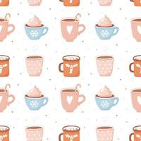 Seamless pattern with cute cocoa cups and marshmallows. vector