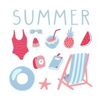 Summer vacation illustrations set. Inflatable ring, chair, swimming suit, sunglasses and other beach things. Vector doodle clipart.