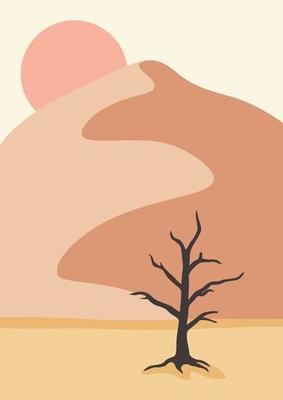 Landscape poster with old tree in desert.