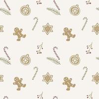 Hand drawn seamless pattern with gingerbread, twigs and berries. vector