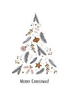 Hand drawn Christmas tree decorated with balls, fir branches, twigs and berries vector