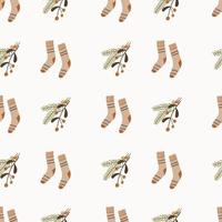 Cute hand drawn seamless pattern with fir tree branches and socks Cozy winter pattern. vector