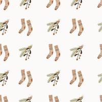 Cute hand drawn seamless pattern with fir tree branches and socks Cozy winter pattern. vector