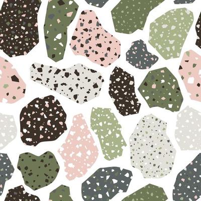 Terrazzo seamless pattern. Modern collage background. Abstract print in green colors.