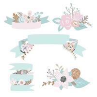 Floral doodles, leaves, branches, flowers, ribbons and banners set. vector