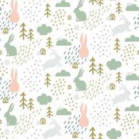 Seamless childish pattern with cute bunny silhouette in forest. Scandinavian style kids texture for fabric, wrapping, textile, wallpaper, apparel. Vector illustration